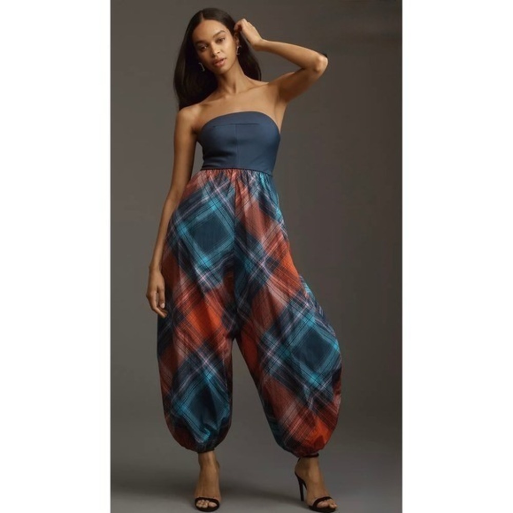 NWT Anthropolige Maeve Gathered Balloon Jumpsuit Small Plaid Parachute Barrel